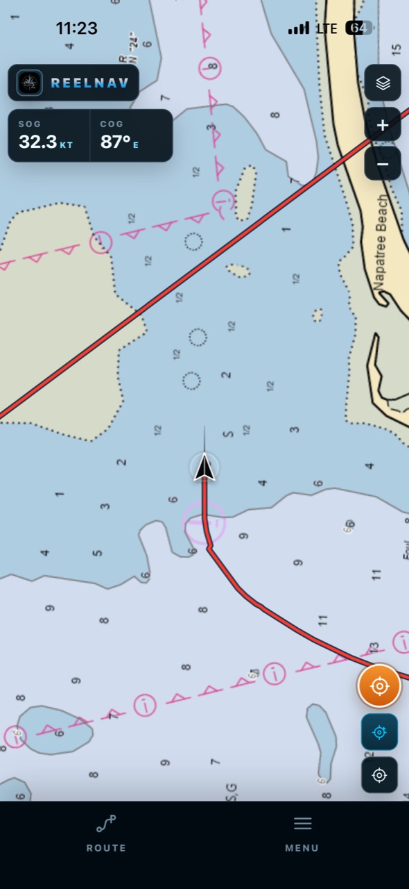 ReelNav displaying a nautical chart, live position, route, speed and course